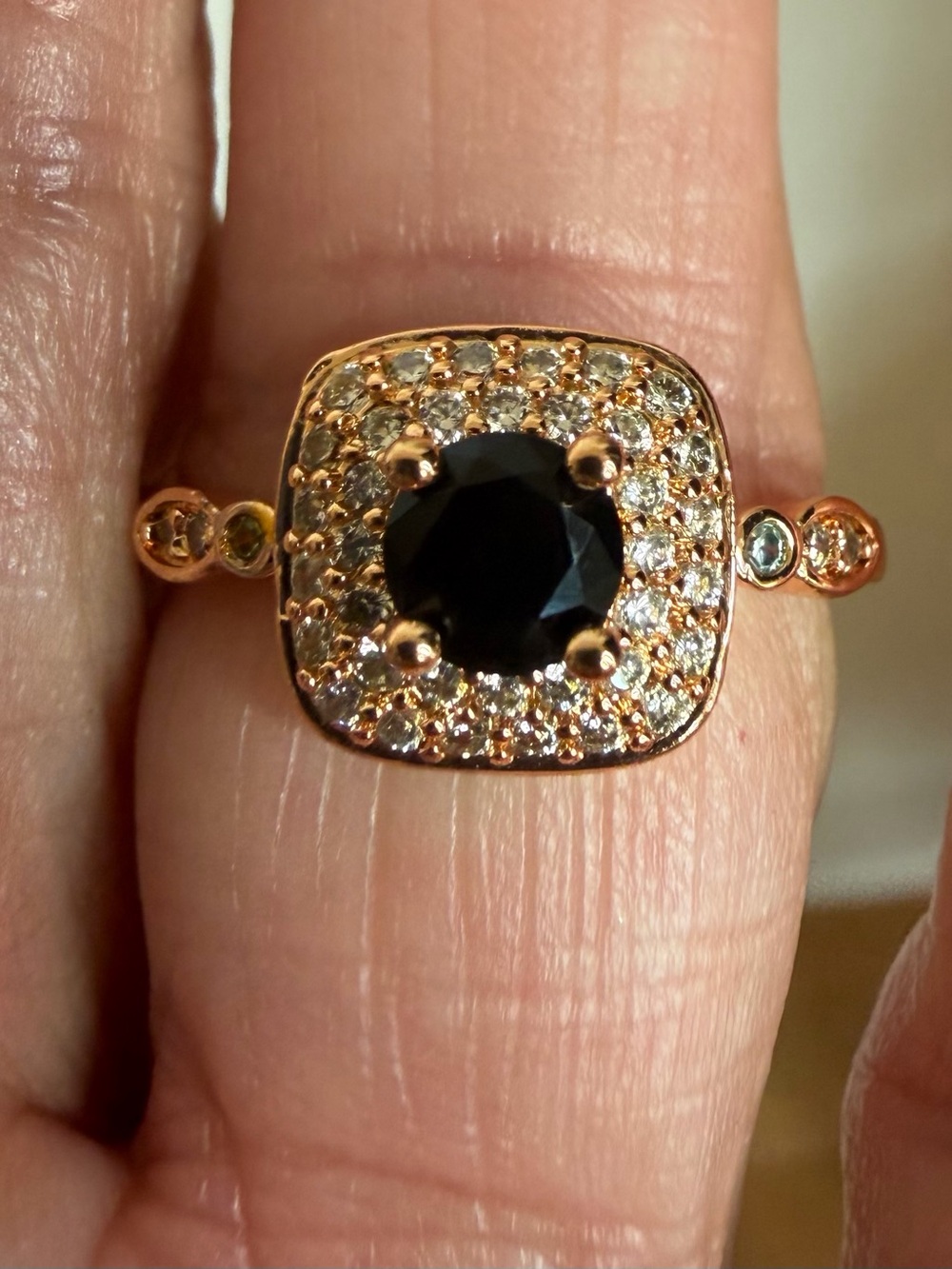 18k Gold Plated Ring with Black Center Stone and Pavé Accents. Tarnish free.